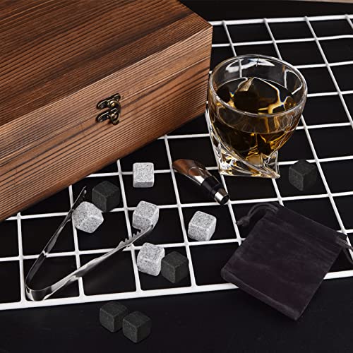  Bourbon Whiskey Stones Gift Set, Includes 2 CycloneGlass, 10 Chilling Stones, Velvet Carry Bag, Stainless Steel Tongs, Wine Stopper In Superior Wooden Boxes For Father's Day, Retirement Gifts