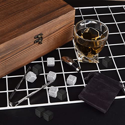  Bourbon Whiskey Stones Gift Set, Includes 2 CycloneGlass, 10 Chilling Stones, Velvet Carry Bag, Stainless Steel Tongs, Wine Stopper In Superior Wooden Boxes For Father's Day, Retirement Gifts