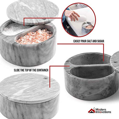  Salt Cellar With Swivel Top And Dual Compartment Elegant Marble Salt Box With Lid For Salt, Spice And Herbs Storage – 5 Ounce Capacity (White/Grey Marble)