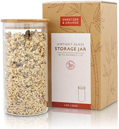  Glass Container With Lid, Bamboo Top (2.2 L) - Dry Food Storage Pasta Container Kitchen Canister For Bow Tie Pasta, Spaghetti, Macaroni, Rotini, Egg Noodles, Cookies, Candy, Flour