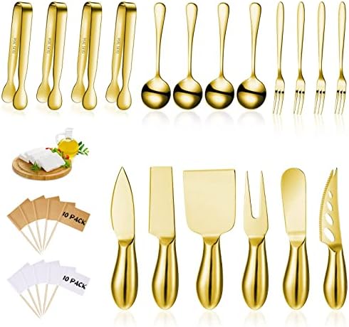  Charcuterie Board Accessories Cheese Spreader Knife Set Cheese Butter Knife Stainless Steel Mini Serving Tongs Spoons Appetizer Forks For Pastry Christmas (Silver, 20 Pieces)