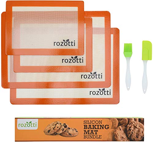  Rozotti Silicone Baking Mat Bundle (6-Piece Set) 2 Half Sheets Silicone Baking Mat And 2 Quarter Sheets Silicone Baking Mat, Silicone Baking Brush, Silicone Baking Spatula, Orange