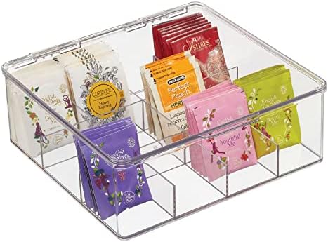  MDesign Plastic Stackable Tea Bag Organizer Storage Bin With Lid For Kitchen Cabinets, Countertops, Pantry - Container Holds Beverage Bags, Cups, Pods, Packets, Condiment Accessories - Clear
