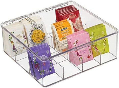  MDesign Plastic Stackable Tea Bag Organizer Storage Bin With Lid For Kitchen Cabinets, Countertops, Pantry - Container Holds Beverage Bags, Cups, Pods, Packets, Condiment Accessories - Clear