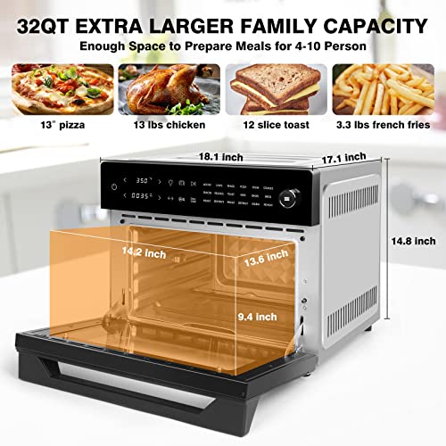  32QT Large Air Fryer Oven Toaster Oven Combo With Rotisserie 18-in-1 Convection Oven Countertop LED Touch And Knob Design Digital Oven For Bake Broil Pizza Roast Toast Dehydrate,1800W,Stainless Steel,ETL Certified