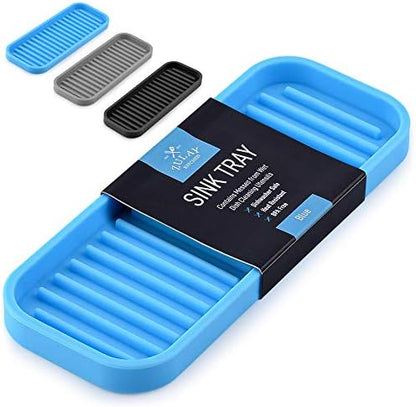  (9x3.5) Silicone Sponge Holder For Kitchen Sink - Flexible Multipurpose Kitchen Soap Tray Sponge Holder - Sink Organizer Tray For Kitchen, Bathroom, Makeup, Trinkets & More (Gray)