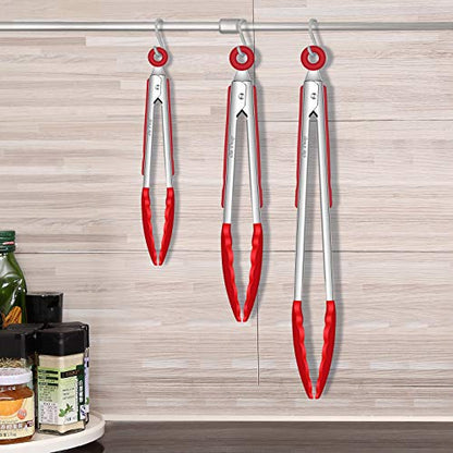  Kitchen Tongs With Silicone Tip, 12-inch ，9-inch And 7-inch Stainless-Stee Multi-functional Gripper For Cooking, Barbecue, Salad, Grilling, Frying, Set Of 3 (Red) (Red)