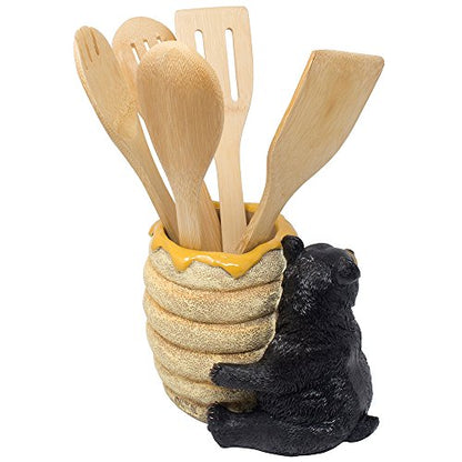  Decorative Black Bear In A Beehive Honey Pot Countertop Utensil Holder Crock Display Stand Table Statue For Cabin Or Rustic Lodge Decor And Gourmet Kitchen Decorations As Housewarming Gifts