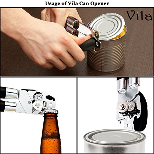 Vila Stainless Steel Cat & Dog Food Can Opener, Manual Lid Lifter, Bottle Opener, Easy To Turn Knob, Long, Comfortable Handles, Sharp Cutting Disc - Silver And Black, For Kitchen, Restaurant, Camping