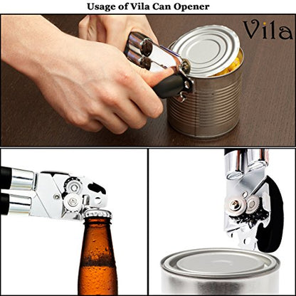 Vila Stainless Steel Cat & Dog Food Can Opener, Manual Lid Lifter, Bottle Opener, Easy To Turn Knob, Long, Comfortable Handles, Sharp Cutting Disc - Silver And Black, For Kitchen, Restaurant, Camping