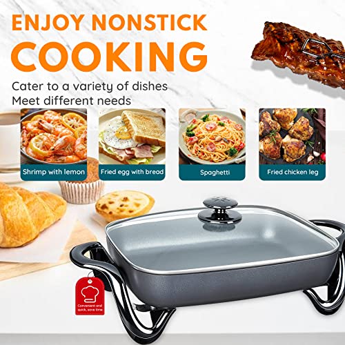  Black Electric Skillet, Spout Dishwasher Safe, Scratch Resistant, Non-Stick, Anti Slip Chassis, Adjustable Temperature