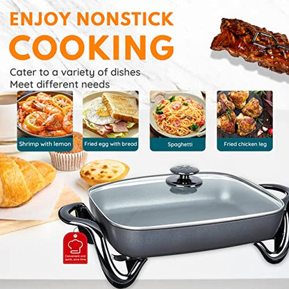  Black Electric Skillet, Spout Dishwasher Safe, Scratch Resistant, Non-Stick, Anti Slip Chassis, Adjustable Temperature