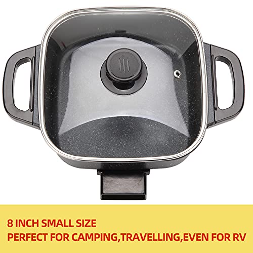  Aoran Small Skillet Electric Non-Stick Square,8 Inch Electric Frying Pan With Tempered Glass Vented Lid,Mini Personal Electric Skillet Indoor，Black,1000 Watts