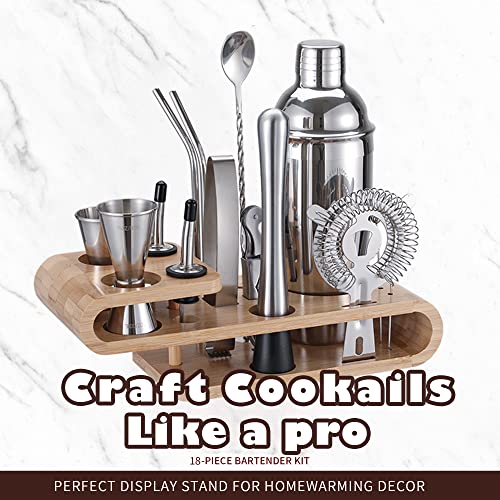  Bartender Kit Cocktail Shaker With Stylish Bamboo Stand,18-Piece Bar Tool Set With Recipes Booklet,Home Drink Mixer Set