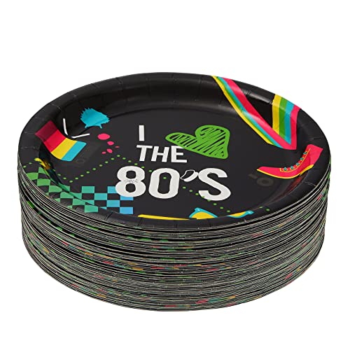  80-Pack Retro 80s Party Plates For I Love The 1980s Birthday Supplies (Black, 9 In)