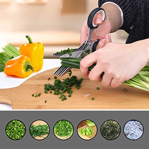 Gourmet Herb Scissors Set - Master Culinary Multipurpose Cutting Shears With Stainless Steel 5 Blades, Herb Stripper, Safety Cover And Cleaning Comb For Cutting Cilantro Onion Salad