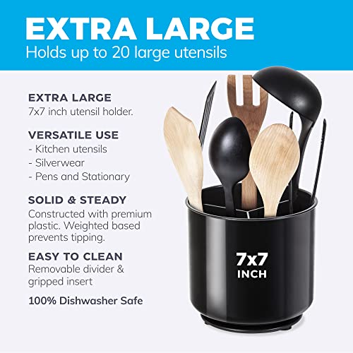  Rotating Plastic Extra Large Utensil Holder Crock With Weighted Base, Removable Divider, And Gripped Insert - Dishwasher Safe Kitchen Utensil Holder For Kitchen Counter: Cooking Black Utensil Caddy