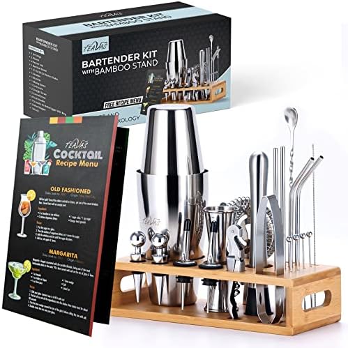  Mixology Bartender Kit With Bamboo Stand And Japanese Jigger | 25-Piece Bar Set Profesional Stainless Steel Bar Tools | Boston Cocktail Shaker Set | Recipe Menu | Barware Present