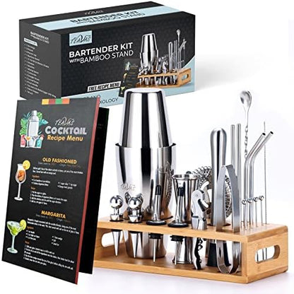  Mixology Bartender Kit With Bamboo Stand And Japanese Jigger | 25-Piece Bar Set Profesional Stainless Steel Bar Tools | Boston Cocktail Shaker Set | Recipe Menu | Barware Present