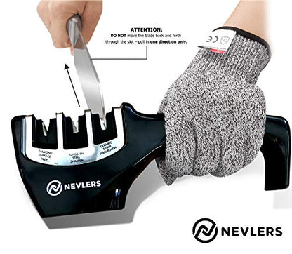  3 In 1 Kitchen Knife Sharpener With Cut Resistant Gloves | Knife Sharpeners For Kitchen Knives Preps, Repairs, Sharpens | Blade Sharpener With Diamond, Ceramic & Tungsten Steel Slots (Black)