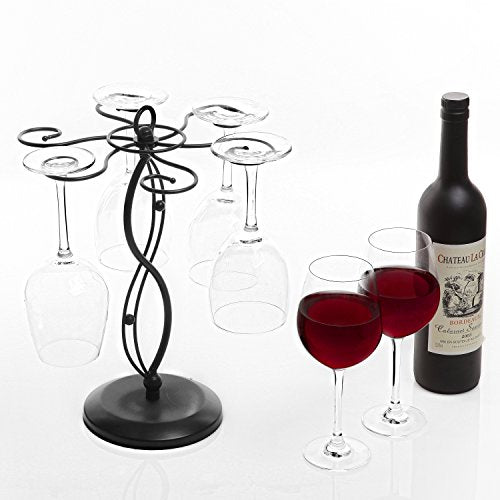  MyGift Black Metal Countertop Wine Glass Holder With Scrollwork Design, Freestanding Tabletop Stemware Storage Rack With 6 Hooks