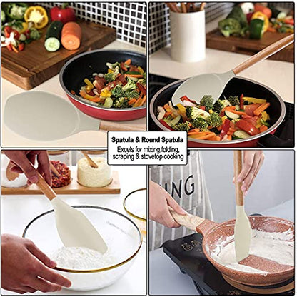  Ilicone Kitchen Utensils Set Cooking Utensils - SZBOB Heat Resistant/Non-stick/Non Toxic/BPA Free Silicon Spoons Spatula Whisk Tongs Wooden Handle Kitchen Utensils Set With Holder (Khaki)