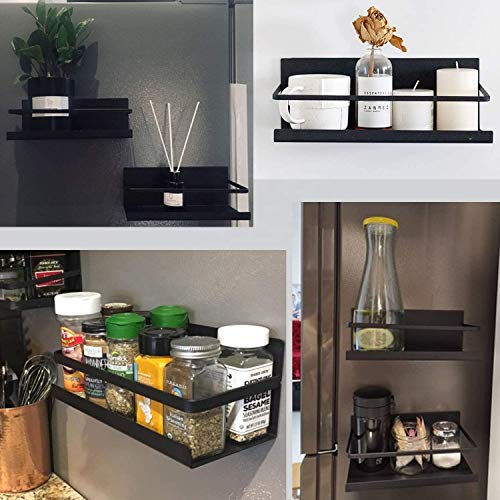  Magnetic Spice Rack-2 PK-Strong Metal Magnetic Spice Rack For Refrigerator-Versatile Magnetic Shelf For Refrigerator-Easy To Install Magnetic Rack Or Magnetic Book Shelf-4 Plastic Removable Hooks