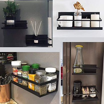  Magnetic Spice Rack-2 PK-Strong Metal Magnetic Spice Rack For Refrigerator-Versatile Magnetic Shelf For Refrigerator-Easy To Install Magnetic Rack Or Magnetic Book Shelf-4 Plastic Removable Hooks