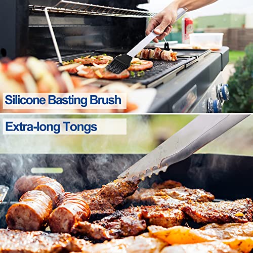  Grill Accessories Set, Stainless Steel BBQ Accessories, Heavy Duty Outdoor Barbeque Tools, 5Pc, Includes Kitchen Spatula, Tongs, Carving Fork, Knife, Basting Brush, Gifts For Man Dad