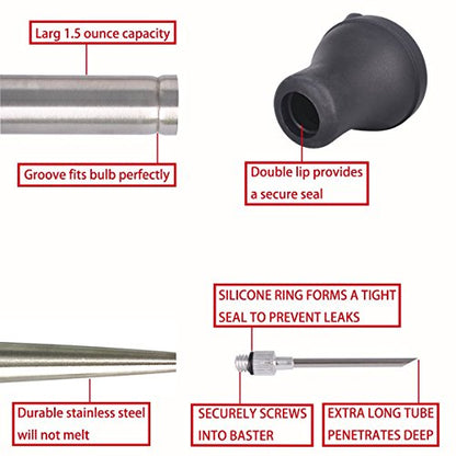  Home Servz Deluxe 304 Stainless Steel Turkey Baster Syringe Injector Needle With Cleaning Brush- Newest Black Silicone Bulb