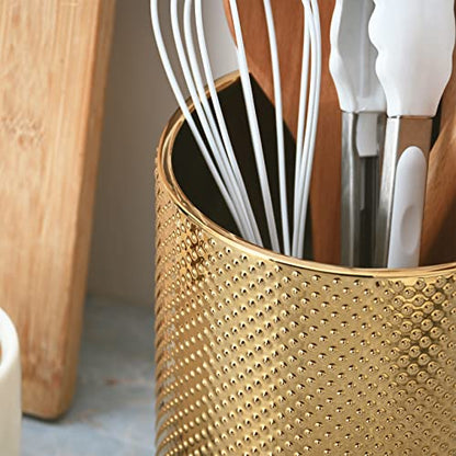  Ceramic Utensil Holder For Kitchen Counter, Cooking Utensil Holder, Gold Utensil Holder For Countertop, 5.1 W X 6.6 H Inches
