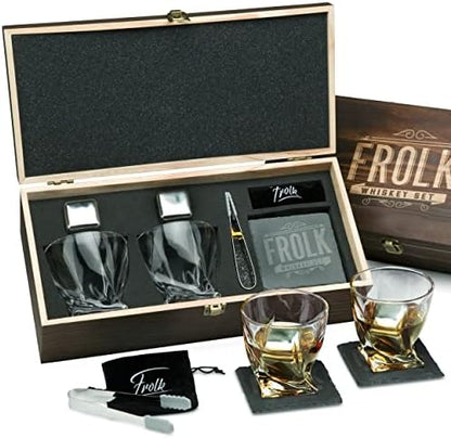  Whiskey Bullet Shaped Stones Gift Set For Men - 10 Bullets Chilling Stainless-Steel Whiskey Rocks - 11oz 2 Large Twisted Whiskey Glasses, Slate Coasters, Tongs - Premium Set In Pine Wood Box
