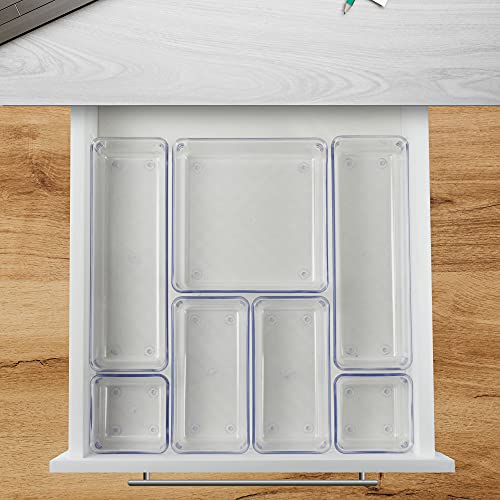  Desk Drawer Organizer Box Tray Storage Bins Modular Divider For Home, Kitchen, Office And Storage (Clear Crystal Plastic) (7 Pack - 4 Sizes)