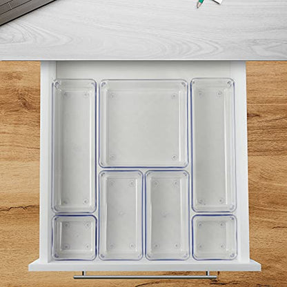  Desk Drawer Organizer Box Tray Storage Bins Modular Divider For Home, Kitchen, Office And Storage (Clear Crystal Plastic) (7 Pack - 4 Sizes)