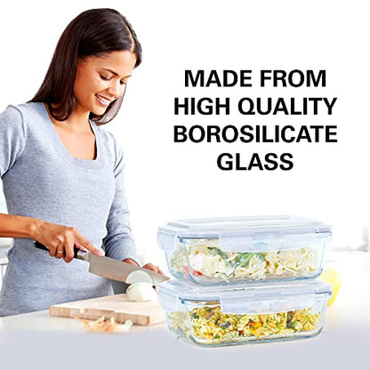  6.5 Cups/ 52 Oz 4 Piece (2 Containers +2 Lids) Glass Food Storage/ Baking Container Set W/Locking Lid - For Storing & Serving BPA Free & Leak Proof - Microwave, Dishwasher, Fridge, Freezer N Oven Safe