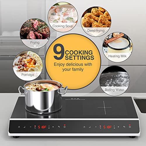  Double Induction Cooktop X 2, Portable Induction Cooker With 2 Burner Independent Control, Ultrathin Body, 9 Temperature, 2300W-Multiple Power Levels, 2 Hour Timer, Safety Lock