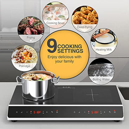  Double Induction Cooktop X 2, Portable Induction Cooker With 2 Burner Independent Control, Ultrathin Body, 9 Temperature, 2300W-Multiple Power Levels, 2 Hour Timer, Safety Lock