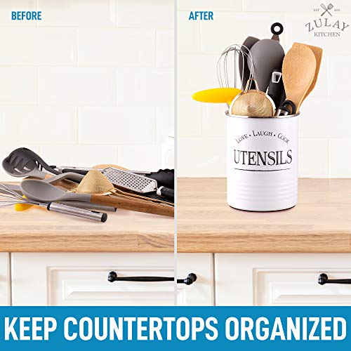  Large Utensil Crock Storage Organizer - Kitchen Utensil Holder For Countertop With Padded Base - Large Utensil Holder With Rustic Farmhouse Design For Home & Kitchen Decor (White)