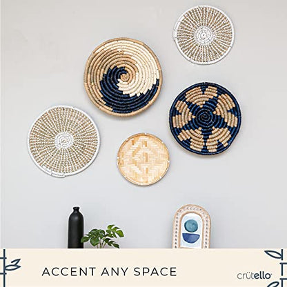  Coastal Wall Decor - Set Of 5 Wicker Wall Baskets, Blue Basket Wall Decor Set, Boho Seagrass Wall Decor - Wave, Stars, Sunburst Pattern