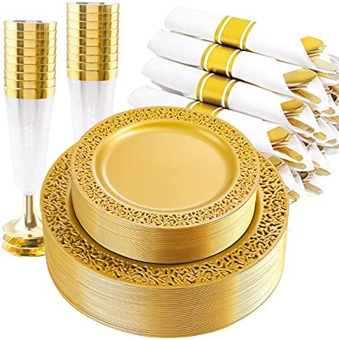  210PCS Gold Plastic Plates, Gold Disposable Dinnerware Set Includes 60 Gold & White Plates With Floral Design,30 Gold Plastic Silverware,30 Per Rolled Napkins,30 Gold Rim Cups For Mother's Day