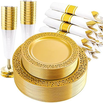  210PCS Gold Plastic Plates, Gold Disposable Dinnerware Set Includes 60 Gold & White Plates With Floral Design,30 Gold Plastic Silverware,30 Per Rolled Napkins,30 Gold Rim Cups For Mother's Day