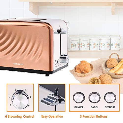  Toaster 2 Slice, Rose Gold Stainless Steel Retro Toaster With Defrost Bagel Cancel Function & 6 Shade Settings