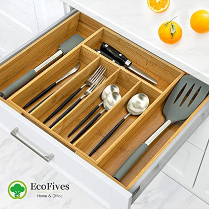  Bamboo Silverware Organizer, Expandable Kitchen Drawer Organizer For Cutlery, Wooden Utensil Holder, Multi-Function Drawer Storage, 5-7 Compartments