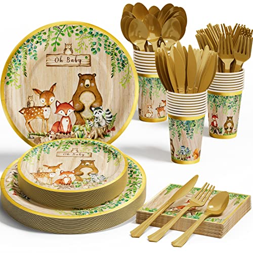  Woodland Baby Shower Decorations Supplies - 175PCS Forest Animal Disposable Dinnerware Set (25 Guest) With Gold Paper Plates Cups Napkins Plastic Fork Knives Spoon For Baby Boy Birthday Party
