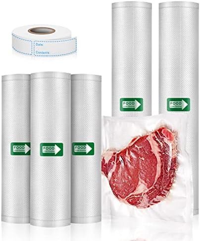 Vacuum Sealer Bags Rolls, 3Rolls 8"x16'+ 2Rolls 11"x16'+120pcs Pantry Labels, BPA Free, Food Safe Material, Food Sealing Bags For Vaccum, Sous-vide, Fits All Clamp Vacuum Sealer Machine