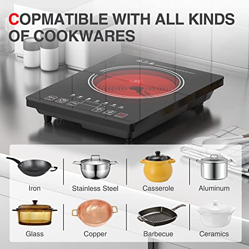  Electric Cooktop, QTYANCY Portable Ceramic Cooktop, 120V 8 Power 8 Temperature Levels, Timer & Child Lock, Overheat Protection Hot Plate