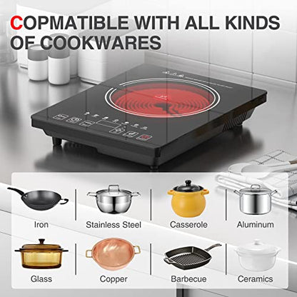  Electric Cooktop, QTYANCY Portable Ceramic Cooktop, 120V 8 Power 8 Temperature Levels, Timer & Child Lock, Overheat Protection Hot Plate