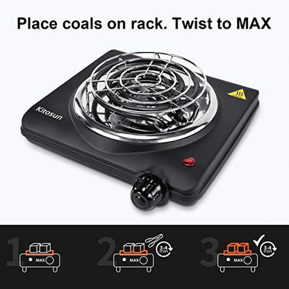  Electric Coals Burner Multipurpose Charcoal Burner ETL Approved Single Hot Plate 1000W Charcoal Starter With Adjustable Temperature Control Stainless Steel Cooktop Countertop For Camping&Cooking