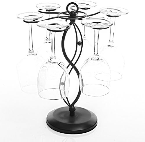  MyGift Black Metal Countertop Wine Glass Holder With Scrollwork Design, Freestanding Tabletop Stemware Storage Rack With 6 Hooks