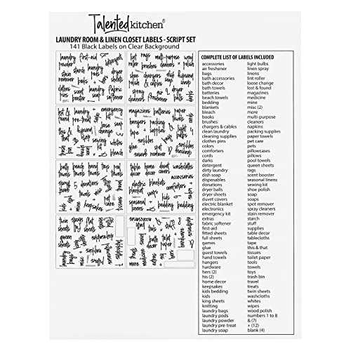  141 Laundry Room Labels For Jars And Containers, Preprinted Black Script Stickers For Linen Closet, Bathroom Organization, Cleaning Supplies (Water Resistant)
